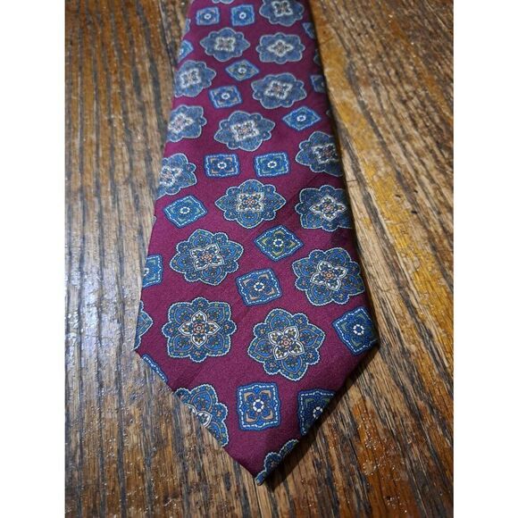 Spencer & Lowe Paisley Burgandy Blue Cream Brown Green Silk Mens Neck Tie USA - Picture 2 of 3